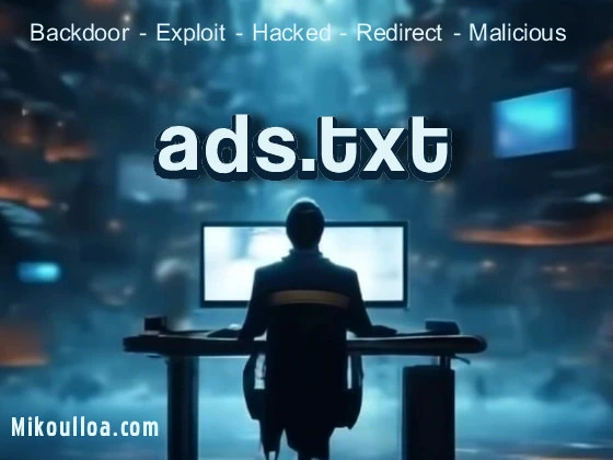 a computer table with a man sitting on it with the word ads.txt on top of screen .