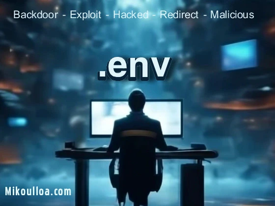 a computer hacker sitting on a computer table facing a screen with the word .env type on it . 