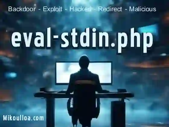 a man sitting in front of a computer screen viewing the words eval-stdin.php on screen . 