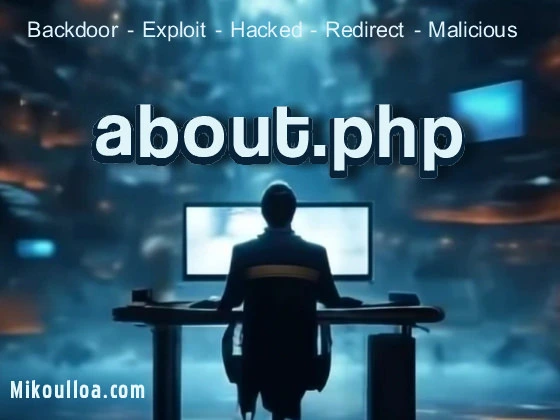 a computer hacker sitting in front of a computer table with the words about.php on the lcd screen of his pc.