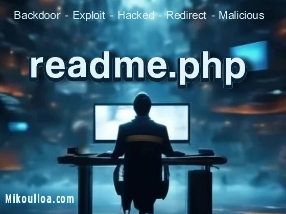 hacker sitting in front of a computer with the word readme.php sign on top.