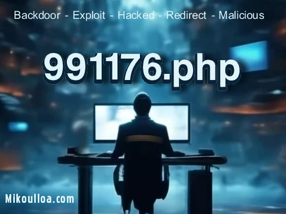 man sitting in front of a computer with the word 991176.php written on top of the screen. 