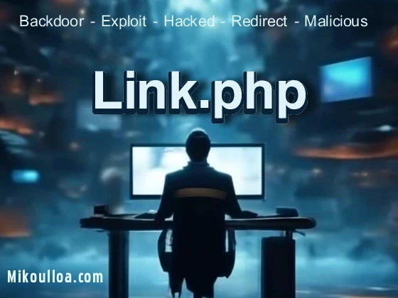 Computer hacker sitting in front of a computer with the words link.php written on top.