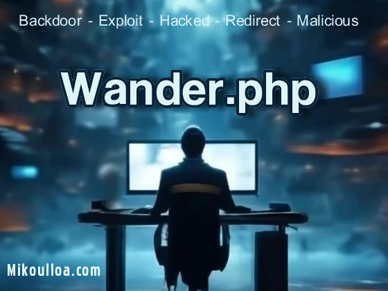 a computer table with a man sitting on it with the word Wander.php type across the screen . 