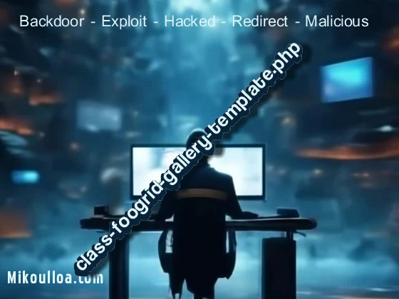 computer hacker sitting on a table in front of a computer with the word class-foogrid-gallery-template.php written on top . 