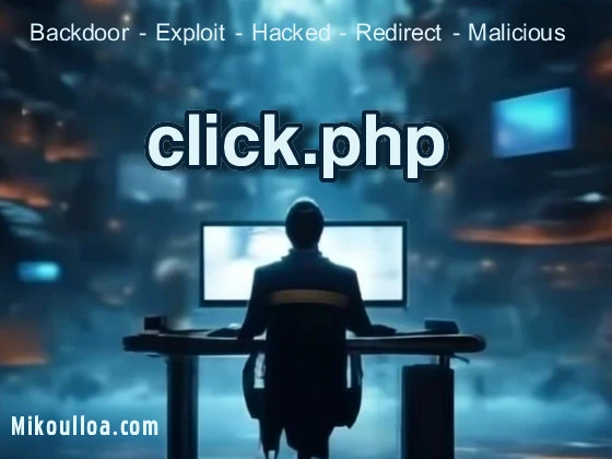 a man sitting on a computer table with the word click.php being display on a computer screen. 