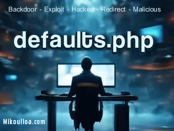 a hacker sitting in front of a computer with the words defaults.php on top