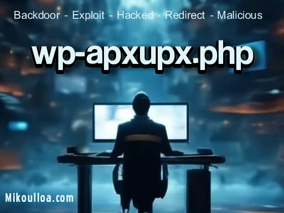 a computer screen with a hacker sitting on it with the word wp-apxupx.php printed on the screen . 